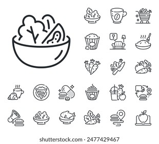 Vegetable food sign. Crepe, sweet popcorn and salad outline icons. Salad line icon. Healthy meal symbol. Salad line sign. Pasta spaghetti, fresh juice icon. Supply chain. Vector