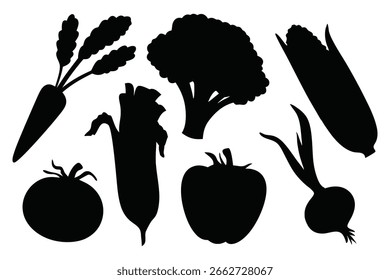 Siluetas de alimentos vegetales fijadas Ilustración vectorial sobre fondo blanco