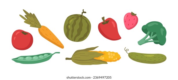 Vegetable food, tomato and carrot, watermelon and paprika pepper, strawberry and broccoli, pear and maize corn, green fresh cucumber. Collection farm product for restaurant menu, market label