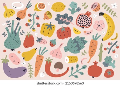 Recogida de alimentos vegetales, frutas variadas, espárragos y pimienta dulce, brócoli, verduras. Ingredientes de cocina saludables. Arte estilizado dibujado a mano, aislado, ilustraciones vectoriales, bueno para el mercado de los agricultores