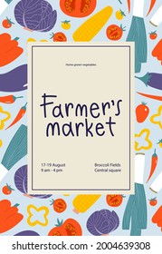 Vegetable frame border for farmers market poster design. Fresh local veggies in trendy flyer for food festival. Promo concept for organic farm bazaar.