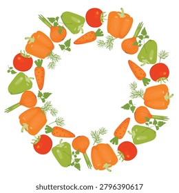 Vegetable frame isolated on white background. Round shape border with ripe juicy tomatoes, sweet peppers, onions, dill, cilantro, carrots. Farm harvest and cooking menu.Vector cartoon illustration.