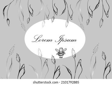 Vegetable frame, postcard. Cereals and a bee on a gray background.