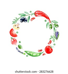 Vegetable frame. Set of vegetarian food. Watercolor background. Beets, pepper, olives,  tomato, asparagus, parsley, basil, fungi, radish, peas, arugula. Isolated elements for easy use.