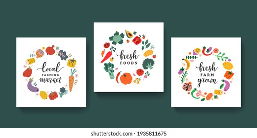 Vegetable frames collection with lettering, veggies illustrations arranged in circle, poster or card set for farmers market or organic food shop, design templates with copy space, vector wreaths