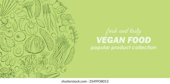 Vegetable fresh banner with food icons. Veggies vector line icons background. Organic food, natural eco products. Card for banner, menu, social media, web design