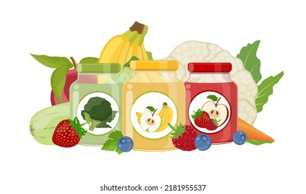 Vegetable, fruit and berry baby puree food in glass jars set, fresh ingredients, vector Illustration on white background