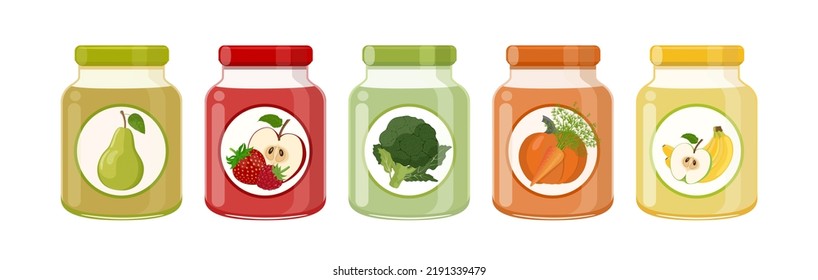 Vegetable, fruit and berry baby puree food in glass jars set, vector Illustration on white background