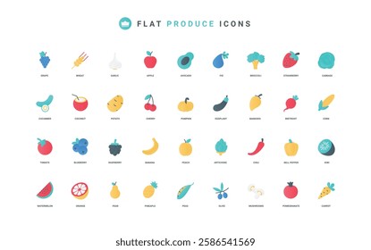 Vegetable, fruit and berry color icon set. Watermelon orange tomato potato pumpkin cucumber peach mango pineapple eggplant broccoli olive mushroom chili pepper flat elements vector illustration