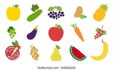 Vegetable, fruit, berry set. Apple, cucumber, chokeberry, potato, pineapple, grape, eggplant, carrot, currant, garnet, sea ​​buckthorn, pear, watermelon, banana. Vector sketch. Healthy food collection