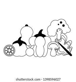 vegetable and fruit in black and white