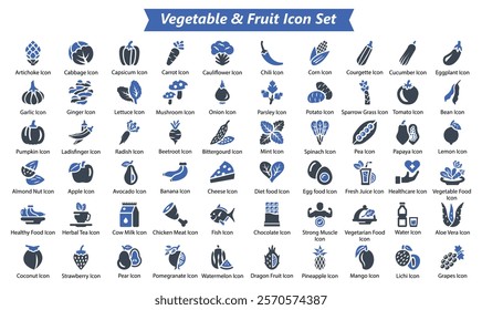 Vegetable Fruit Blue Icon Set, Vector icon Set