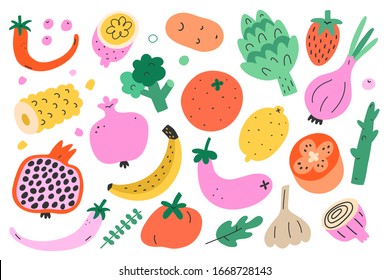 Vegetable and fruit bundle, collection of cute doodle food illustration, isolated vector art, trendy cartoon drawing of broccoli, pomegranate, banana and pepper. Wholesome healthy eating