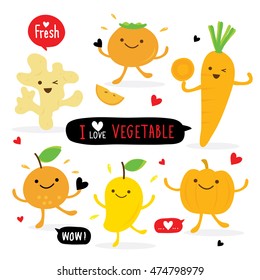Vegetable and Fruit Cartoon Cute Set Ginger Pumpkin Mango Orange Carrot Persimmon Vector