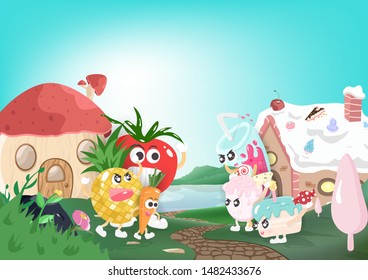 vegetable, fruit and dessert cartoon character, healthy fantasy story for child background vector