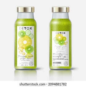 Vegetable and fruit detox. Pineapple, cucumber, kiwi, ginger. Beautiful transparency whole and cut fruits. Bottle template with face and back labels. 