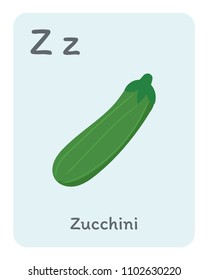 Vegetable and fruit English alphabet. Z letter. Zucchini vector illustration.