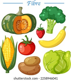 Vegetable y fruta con ilustración de texto de fibra