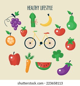 Vegetable and fruit flat icons for healthy lifestyle concept