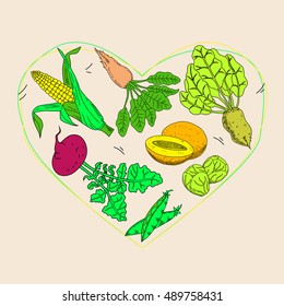 Vegetable and fruit food health care heart shape template design. Vegetarian menu set. Vegetables and diet, fresh and fruit. Vector illustration. Cartoon illustration / graphic or web design layout.