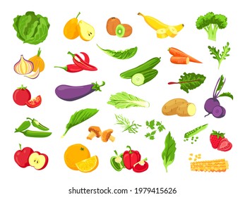 Vegetable and fruit. Fresh vegetarian food, veggies, salad, green, tropical fruits and berry. Healthy vegan farm vector set. Vegetarian agriculture, tomato and cucumber, pepper and garlic illustration