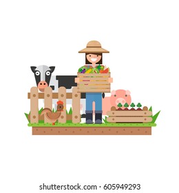 Vegetable Fruit. Happy Farmer fresh natural products. Vector illustration in a flat style.