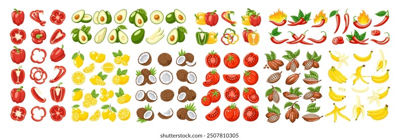 Vegetable and fruit icons set isolated on white background.  Cartoon style. Vector illustration