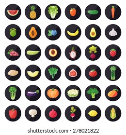 Vegetable and fruit icons vector set. Modern flat design. Multicolored.