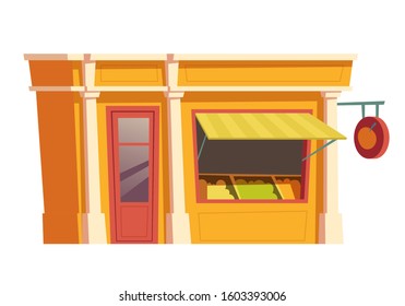 Vegetable and fruit kiosk building cartoon vector illustration. Facade of retro small food shop with signboard. City small business building isolated on white