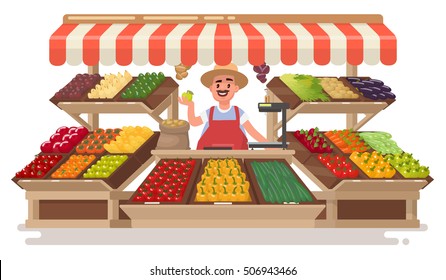 Vegetable Fruit local Shop. Happy Farmer  sells fresh natural products . Vector illustration in a flat style.