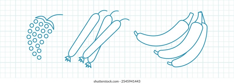 vegetable and fruit logos, thin line icons set, blue vector illustrations, layered vectors, market logos