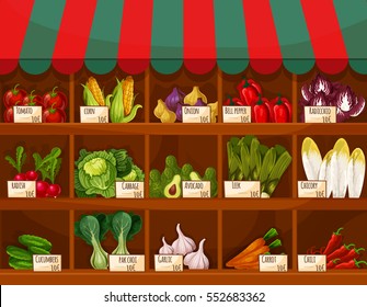 Vegetable and fruit market stall with prices. Farm market stand with tomato and carrot, pepper, onion, chili, radish, corn, cabbage, garlic, cucumber, avocado and leek, chicory, bok choy and radicchio