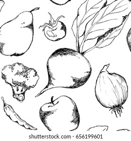 Vegetable fruit monochrome ink hand drawn seamless pattern texture background vector