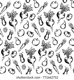 Vegetable fruit monochrome ink hand drawn set seamless pattern texture background vector
