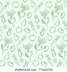 Vegetable fruit monochrome ink hand drawn set seamless pattern texture background vector