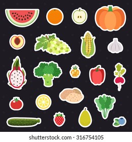 Vegetable and fruit  multicolored stickers (icons) vector set. Modern flat design.
