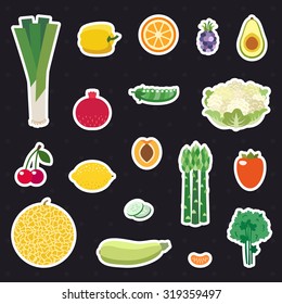 Vegetable and fruit multicolored stickers (icons) vector set. Modern minimalistic flat design.