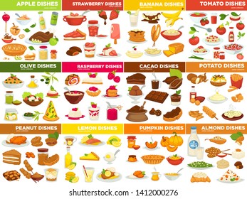 Vegetable fruit and nut dishes food cooking recipes vector apple and strawberry tomato and banana olive and raspberry cacao and potato peanut and lemon pumpkin and almond ingredients meals or desserts