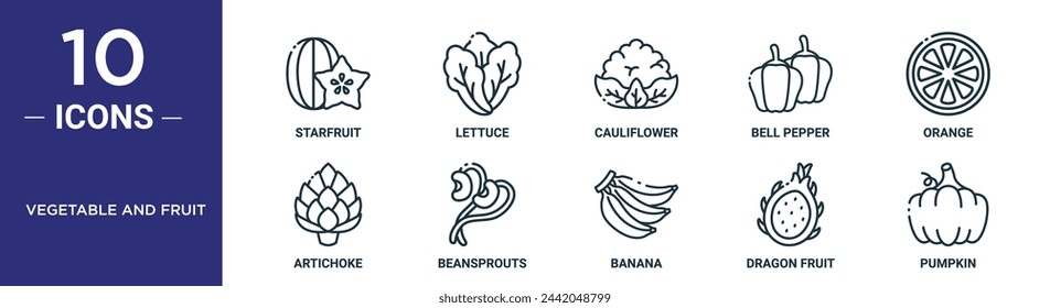 Gemüse und Obst Umriss-Icon-Set enthält dünne Linie Sternfrucht, Salat, Blumenkohl, Paprika, Orange, Artischocke, Bohnensprossen Symbole für Bericht, Präsentation, Diagramm, Web-Design