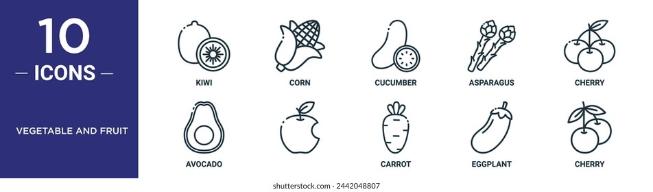 vegetable and fruit outline icon set includes thin line kiwi, corn, cucumber, asparagus, cherry, avocado,   icons for report, presentation, diagram, web design