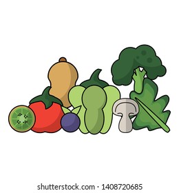 vegetable and fruit pepper brocoli tomato kiwi blueberries icon cartoon vector illustration graphic design