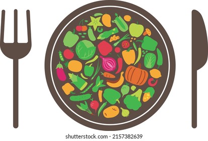 Vegetable and fruit in the plate, vector illustration. Modern flat illustrations. Healthy food design