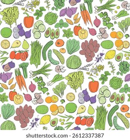 Vegetable and fruit seamless pattern. Colored food ingredients repeat design for farm product, market label vegetarian shop.
