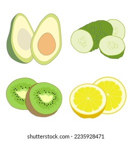 Gemüseobst-Set mit Avocado, Gurken und Kiwi, Zitrone im minimalistischen Stil, Vektorgrafik einzeln auf weißem Hintergrund.