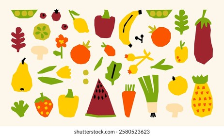 Vegetable and fruit set – cabbage, tomato, avocado, radish, celery, carrots, pepper, apple, banana, orange, pear, grapes, strawberry, watermelon. flat and naive style