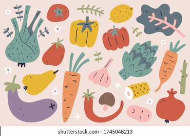 Conjunto vegetal y frutal, ilustración de doodle a mano, clipart vectorial moderno, tomate, ajo y cebolla, productos agrícolas de cosecha, alimentos enteros oragnicos aislados de fondo blanco