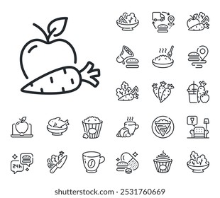 Vegetable and fruit sign. Crepe, sweet popcorn and salad outline icons. Apple with carrot line icon. Vegeterian food symbol. Apple carrot line sign. Pasta spaghetti, fresh juice icon. Vector