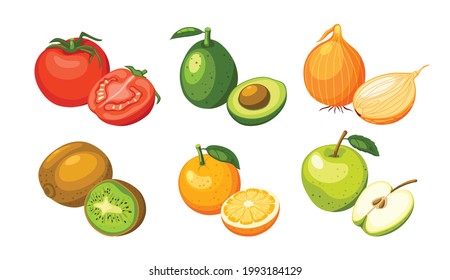 Symbole für Gemüse- und Obstscheiben. Flache isometrische Vektorsymbole für Web einzeln auf weißem Hintergrund.