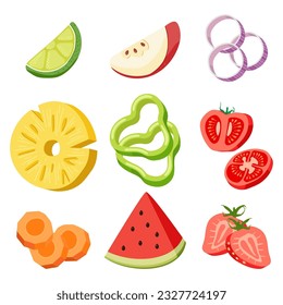 Vegetable and fruit slices vector cartoon set isolated on a white background.