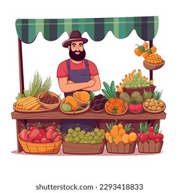 Vegetable and fruit stall. Small food market. Healthy lifestyle. Organic food. Farm products. Cartoon vector illustration. label, sticker, t-shirt printing
